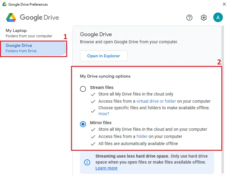 Data synchronization options in Google Drive