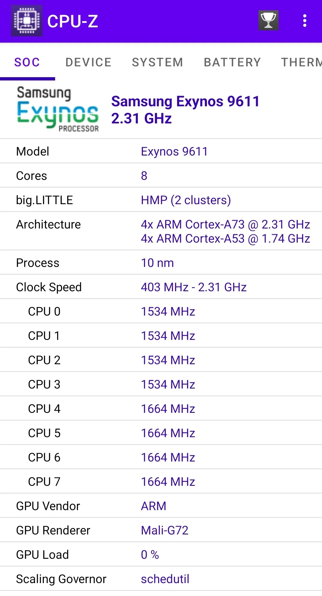 Android device specs in CPU-Z