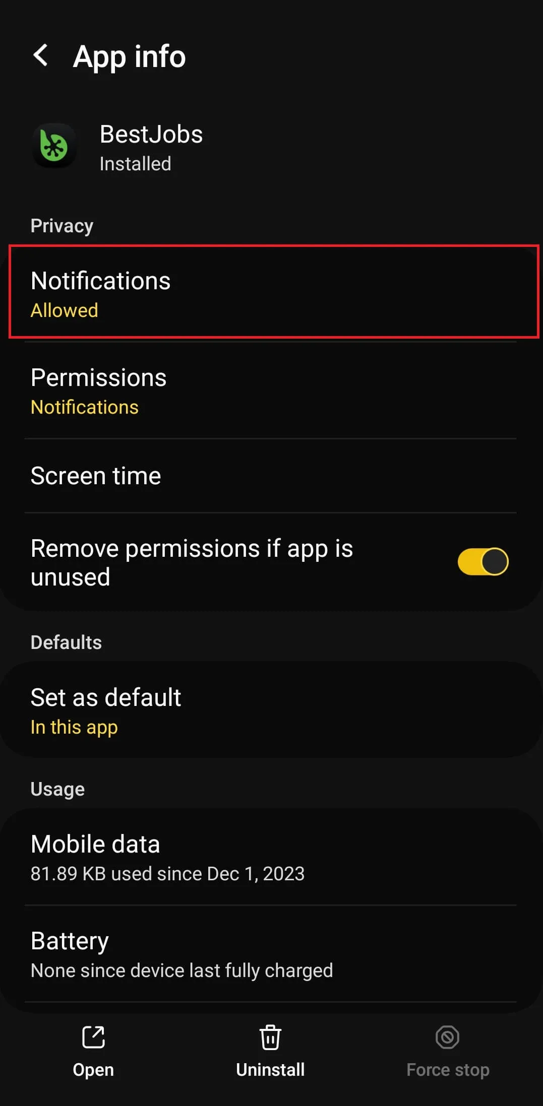 Stop notifications for an app from Android settings