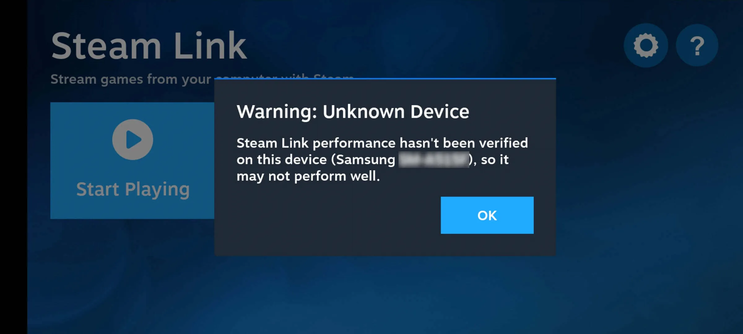 Steam Link performance not verified on unknown device warning