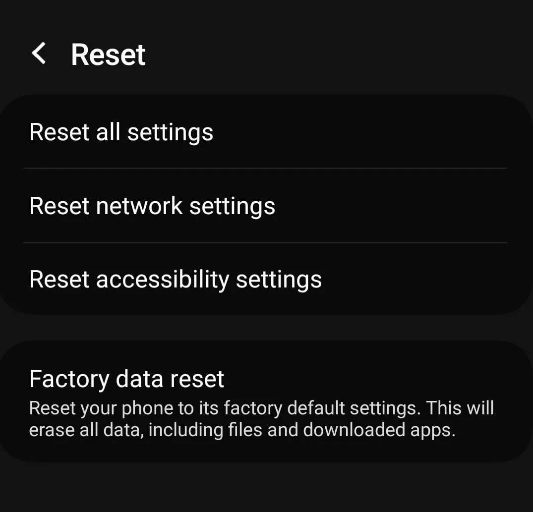 Options to reset the Android device