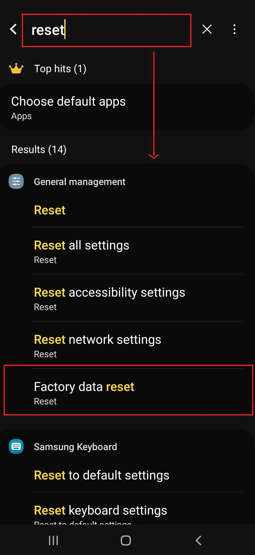Search for reset to factory default settings in Android