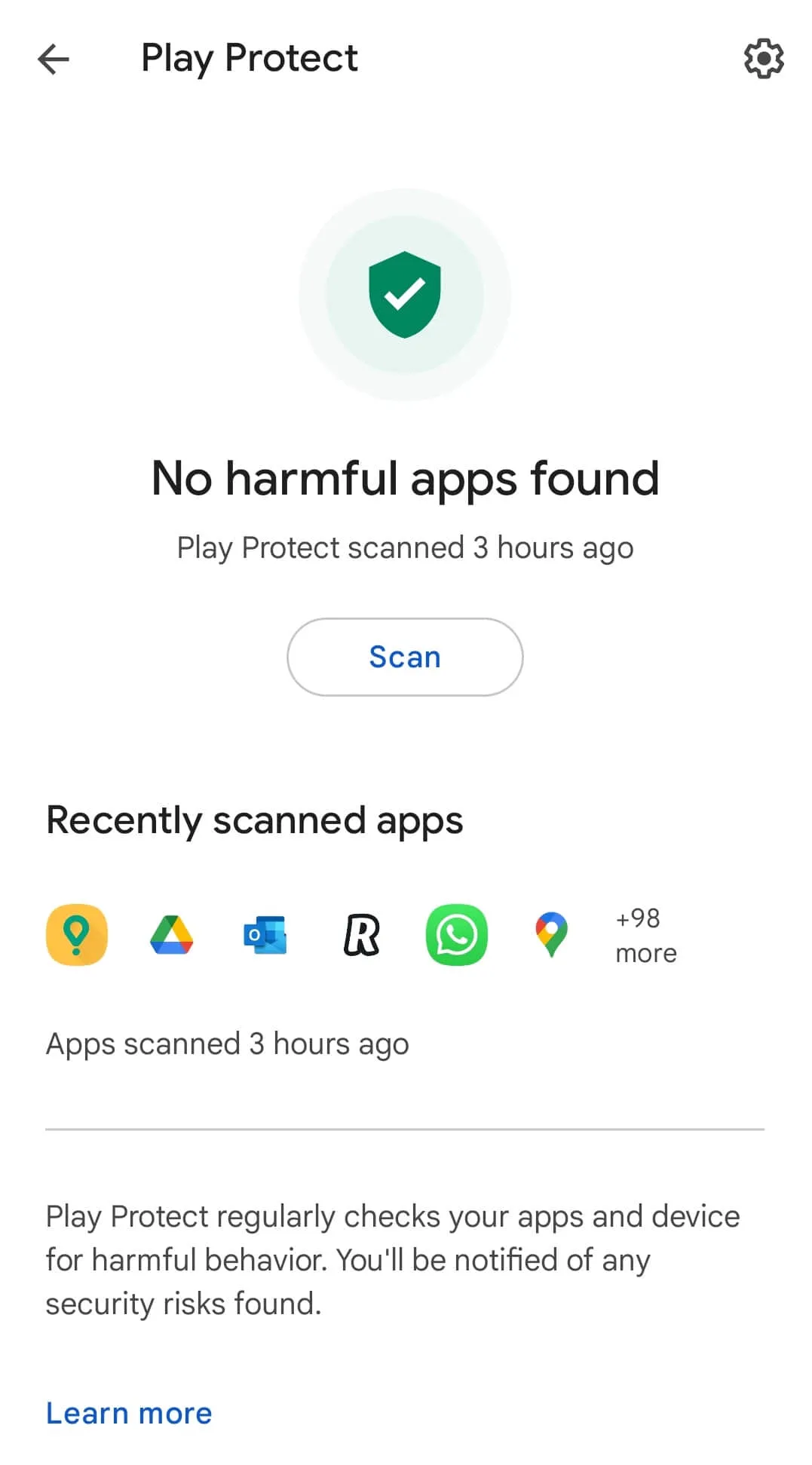 Main screen of Play Protect in the Play Store