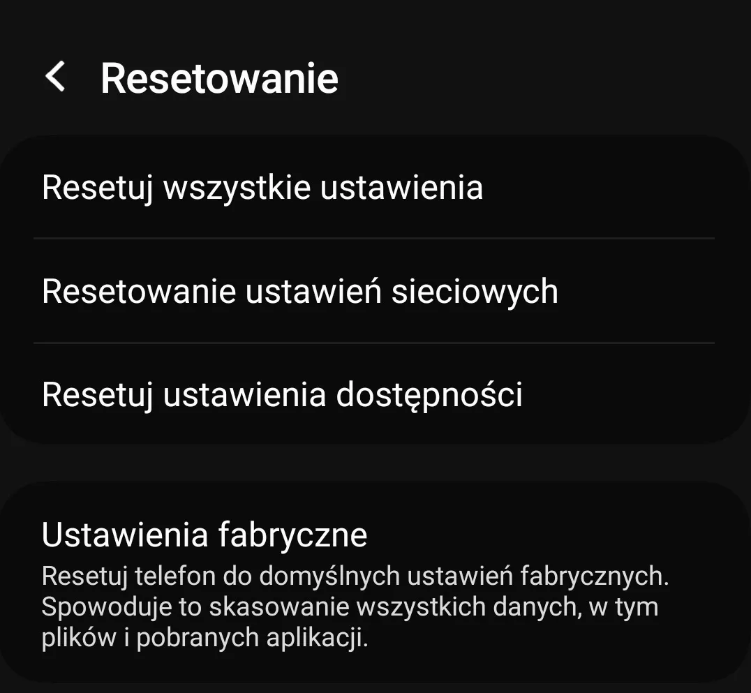 Opcje resetowania urządzenia z systemem Android